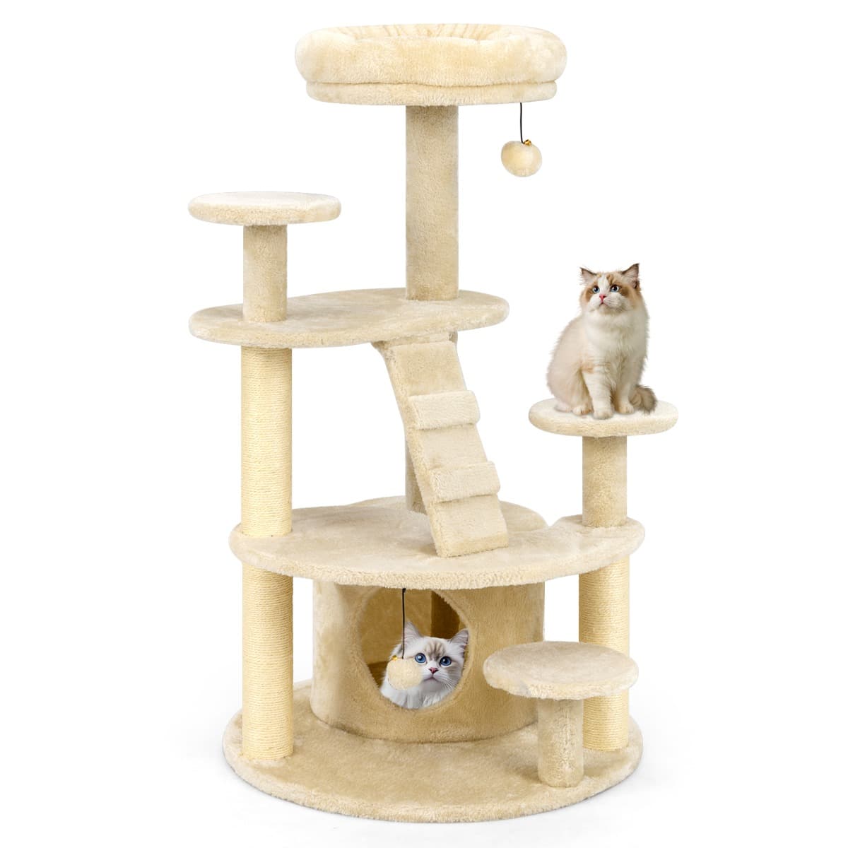 CostwayArbre à Chat Multi-Niveaux avec Condo Perchoir Rembourré Poteaux à Gratter Boule en Peluche Suspendue Plates-formes de Saut Beige