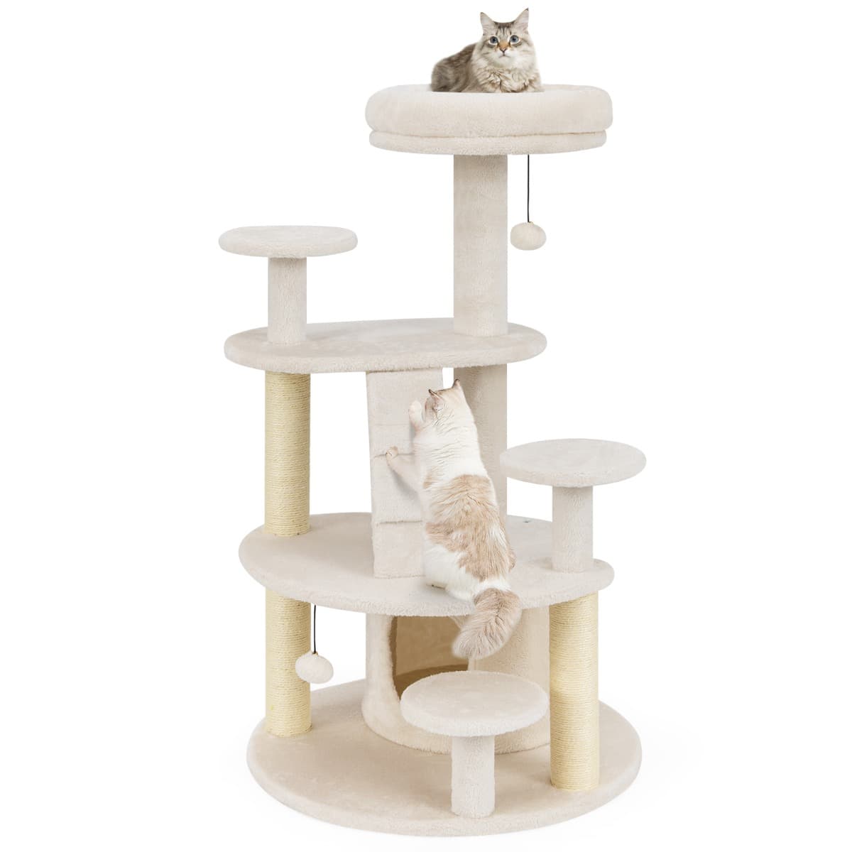 CostwayArbre à Chat Multi-Niveaux avec Condo Perchoir Rembourré Poteaux à Gratter Boule en Peluche Suspendue Plates-formes de Saut Blanc