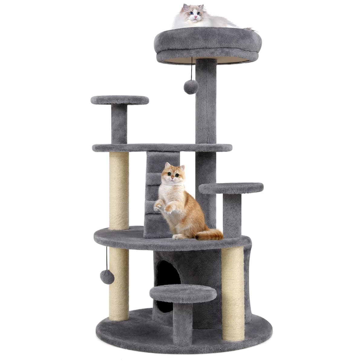 CostwayArbre à Chat Multi-Niveaux avec Condo Perchoir Rembourré Poteaux à Gratter Boule en Peluche Suspendue Plates-formes de Saut Gris