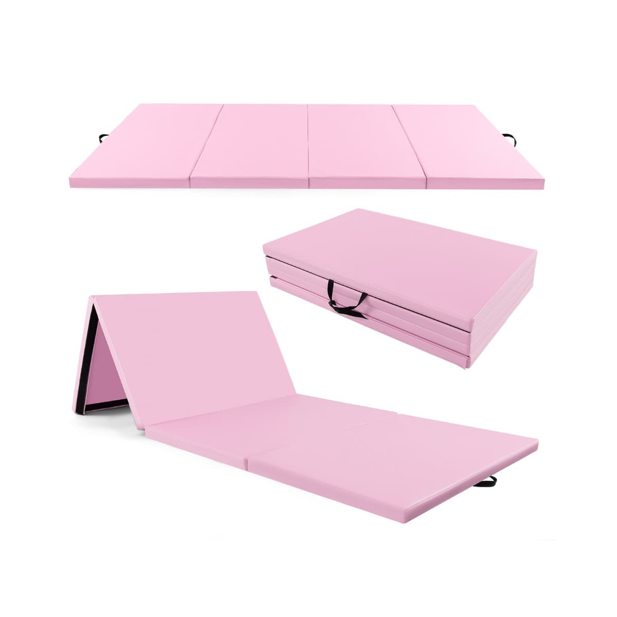 CostwayTapis de Gymnastique Pliable à 4 Plis avec Poignées Tapis en Cuir Pu avec Attaches Auto-agrippantes Entraînements pour Gymnastique Yoga Rose