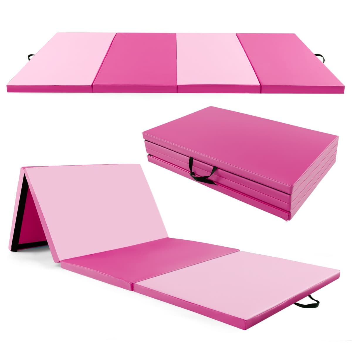 CostwayTapis de Gymnastique Pliable à 4 Plis avec Poignées Tapis en Cuir Pu avec Attaches Auto-agrippantes Entraînements pour Gym Yoga Rouge
