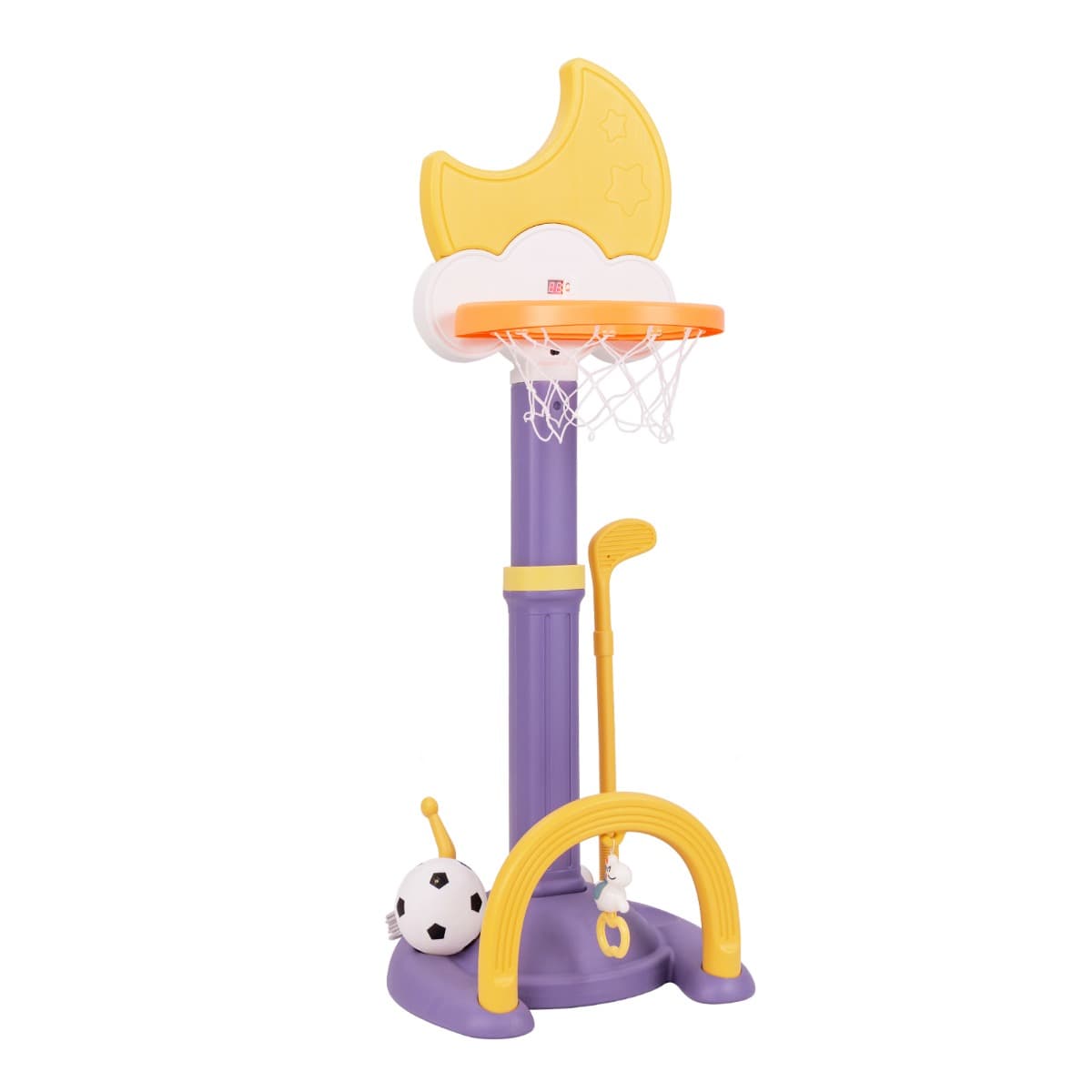 CostwayPanier de Basket 4-en-1 avec Effets Sonores des Nuts Aire de Jeu Réglable en Hauteur avec Basketball Football Golf pour 3+ Ans Jaune