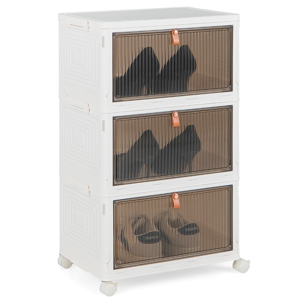 Boîte de Rangement de Chaussures Pliable 3 Niveaux Portes Transparentes Magnétiques Roues Universell