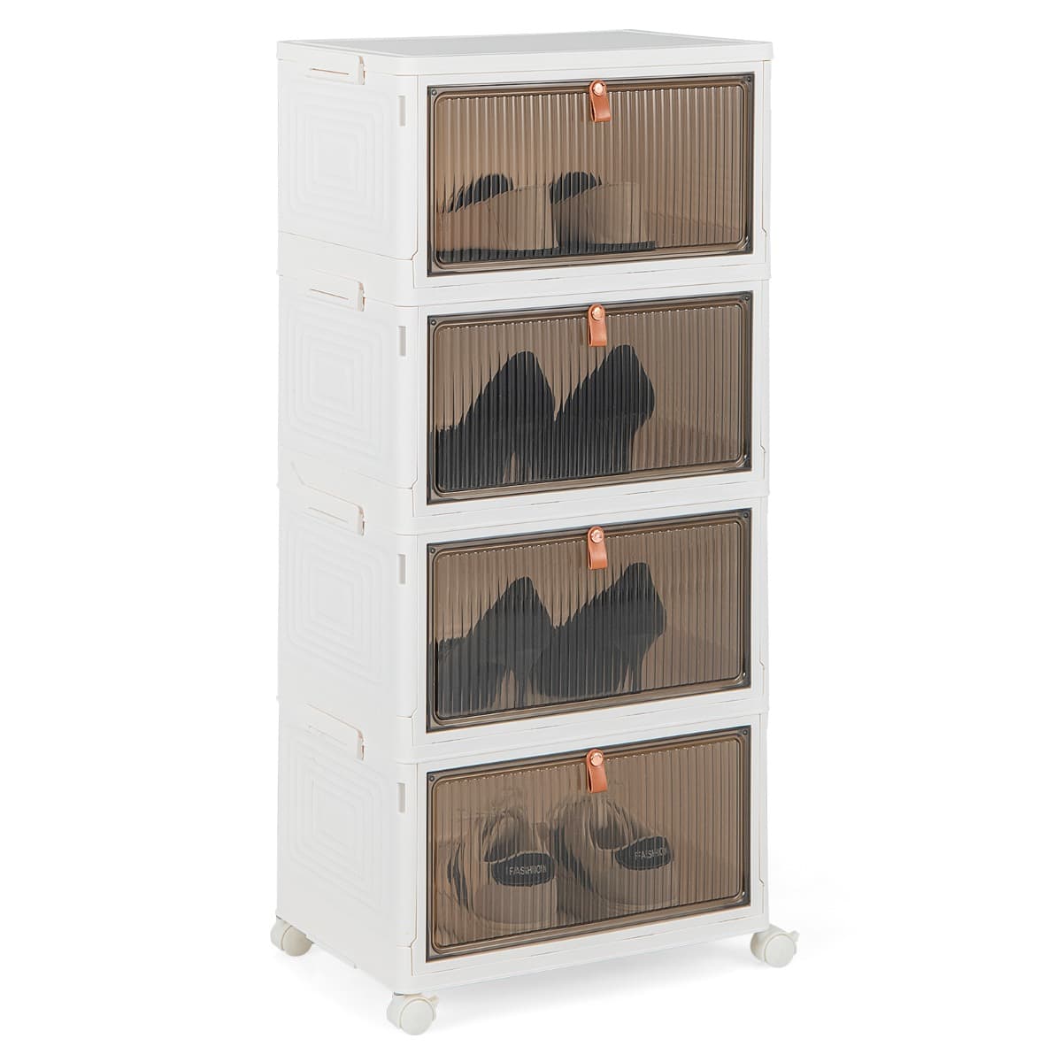 Boîte de Rangement de Chaussures Pliable 4 Niveaux Portes Transparentes Magnétiques Roues Universell